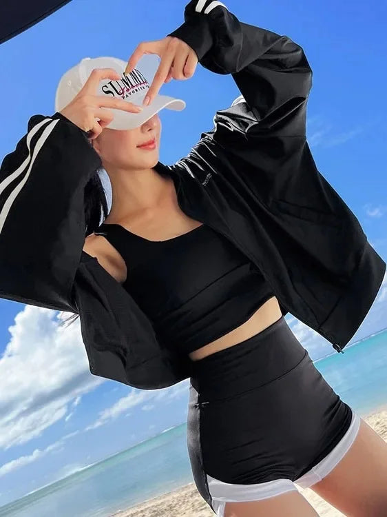 Korean Sporty Style Long Sleeve Bikini Set Women's Conservative Swimming Suit for Hot Spring Soaking And Swimming