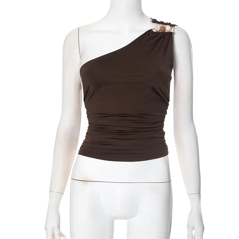 CUTENOVA 2025 New Sexy One-Shoulder Bead Link Ruched Tank Top Street Slim Light Personality American Hottie Girls Sexy Tank Tops