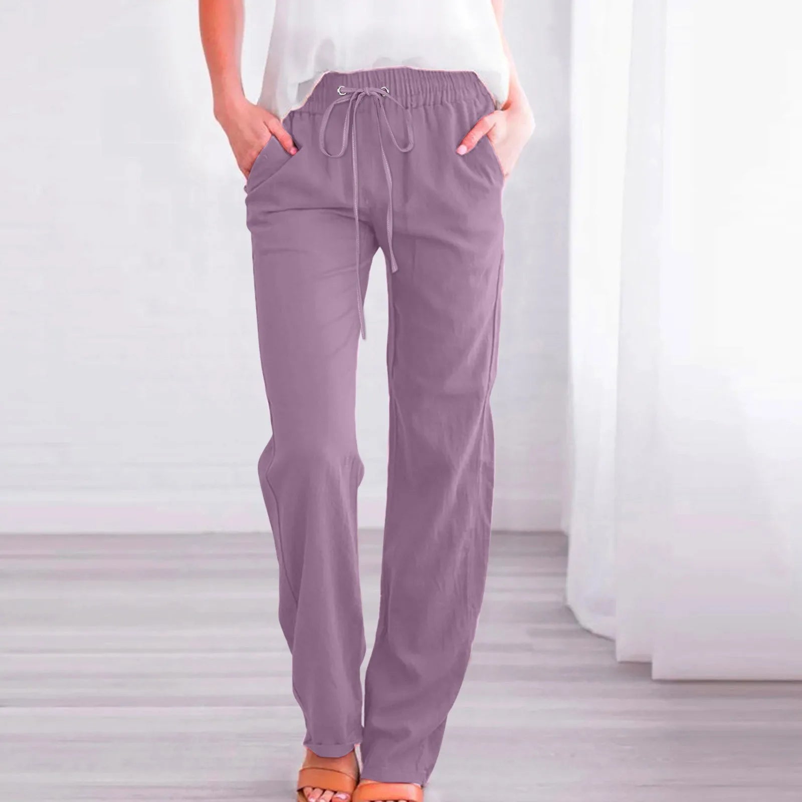 Women Cotton Linen Pants Solid Color Elastic Loose Drawstring Wide-Leg High Waist Trousers Female Stretch Straight Casual Pants
