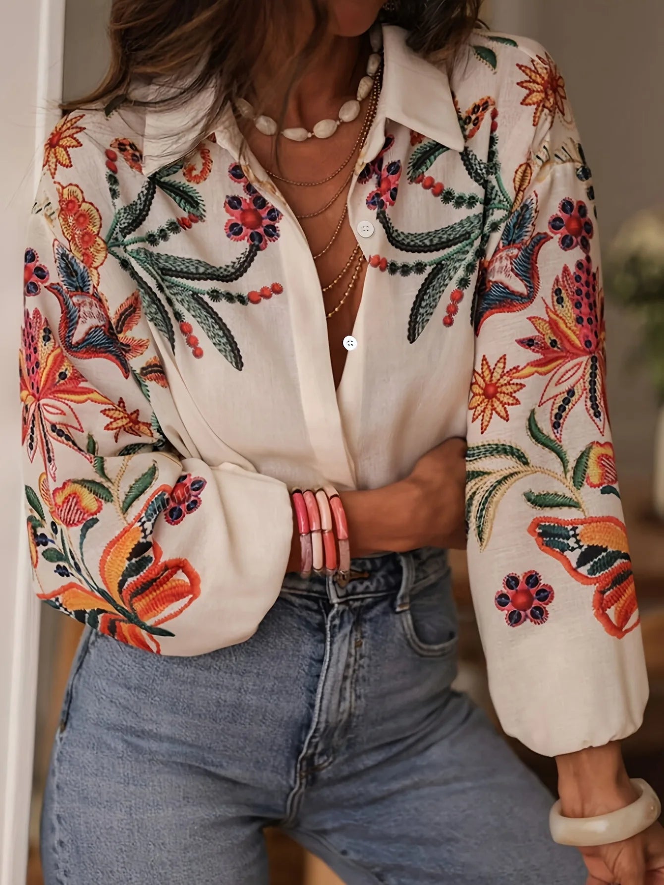 Women's 2025 Autumn Fashion Loose Long-sleeved Digital Printed Shirt Top Streetwear Spring New Female Lapel Button Shirts Bloues