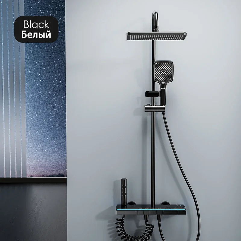 Modern Bathrooms Shower System Set Glass Panel Bathtub Rain LED Display Rainfall Shower Mixer Tap Thermostatic Faucet with Light