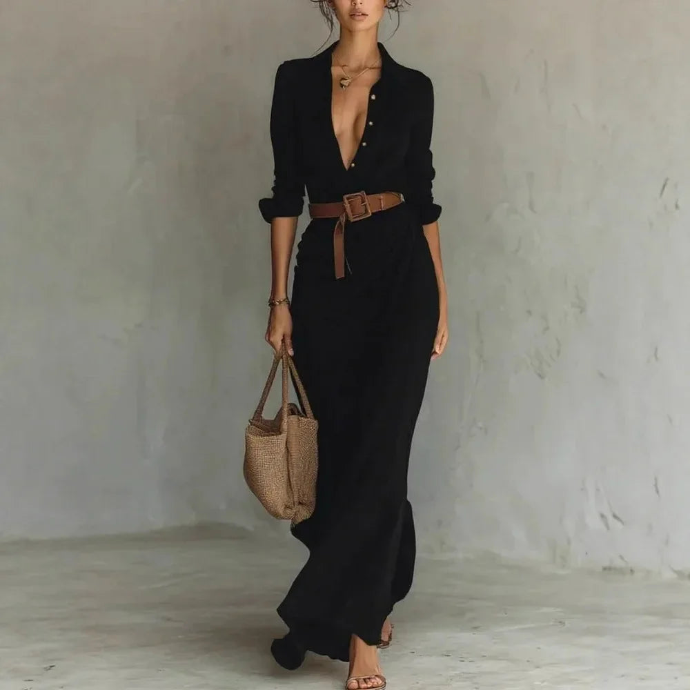 2025 New Autumn Woman Sexy Deep V Neck Hollow Long Dress Elegant Solid Belted Irregular Party Long Sleeve Slim Casual Dresses