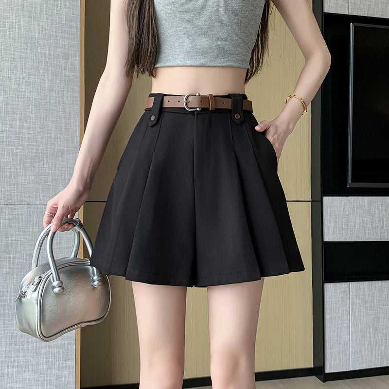 Seoulish 2025 New High Waist Irregular Pleated Women's Suit Short Summer Pants Elegant High Waist Straight Loose Shorts Trousers