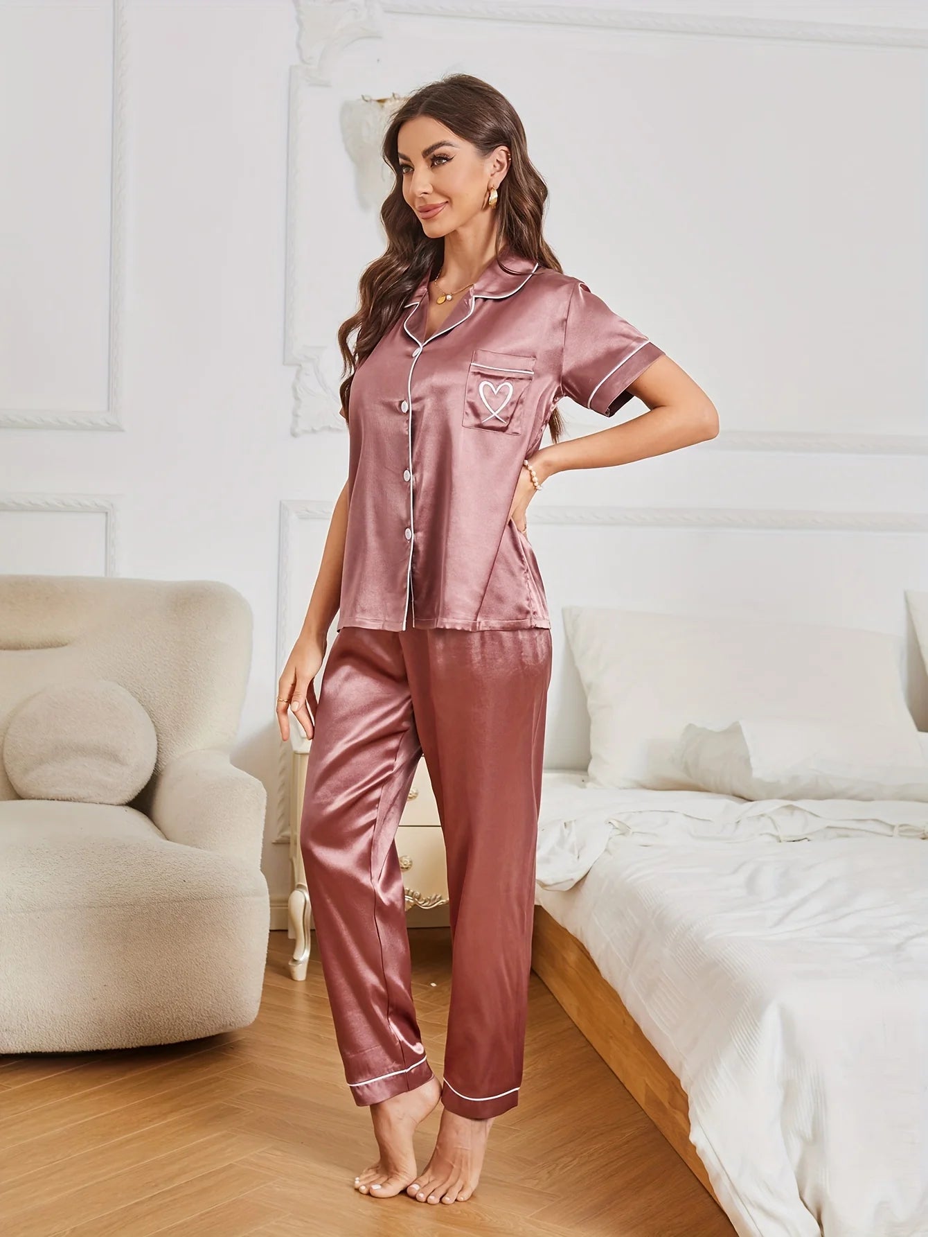 Heart Embroidery Satin Pajama Set Casual Short Sleeve Button Up Lapel Collar Top & Pants Women's Sleepwear