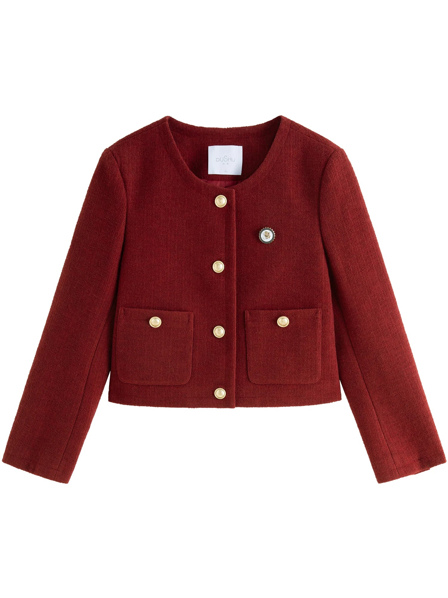 Women Red Tweed Jackets Round Neck Single Breasted Winter New Navy Blue Female Winter Thicken Tweed Coats 24DS84286