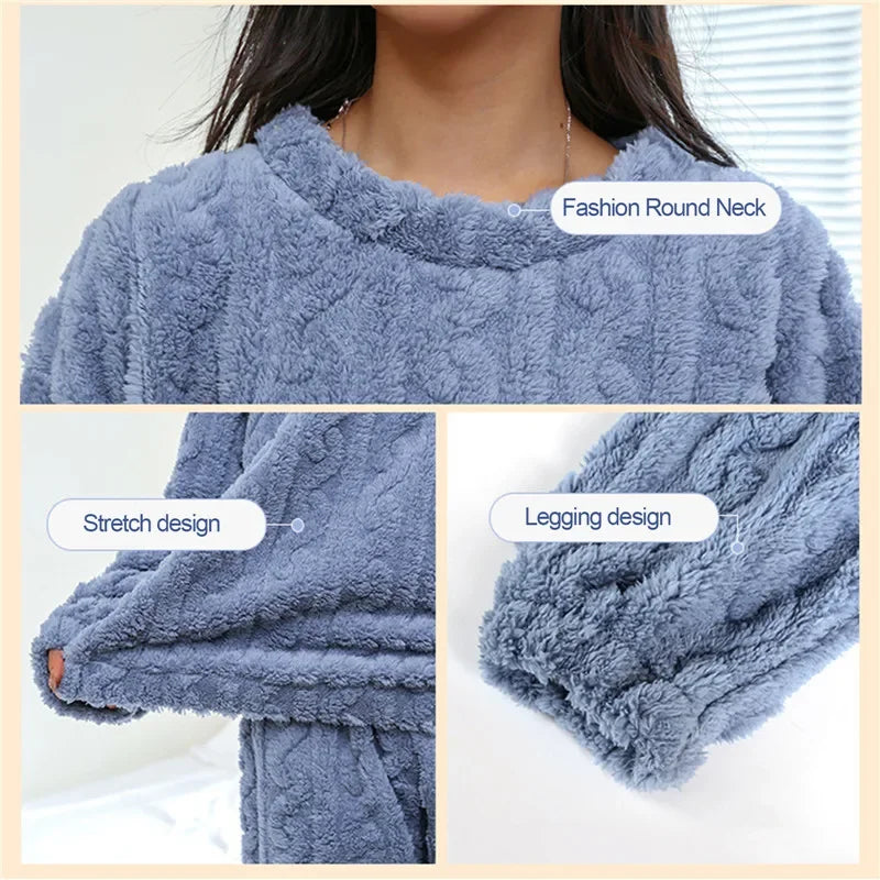 Winter Women Pajamas Set Coral Velvet Fluffy Homewear Thickened Two Piece Loungewear O Neck Sleepwear Soft Warm Leisure Suit