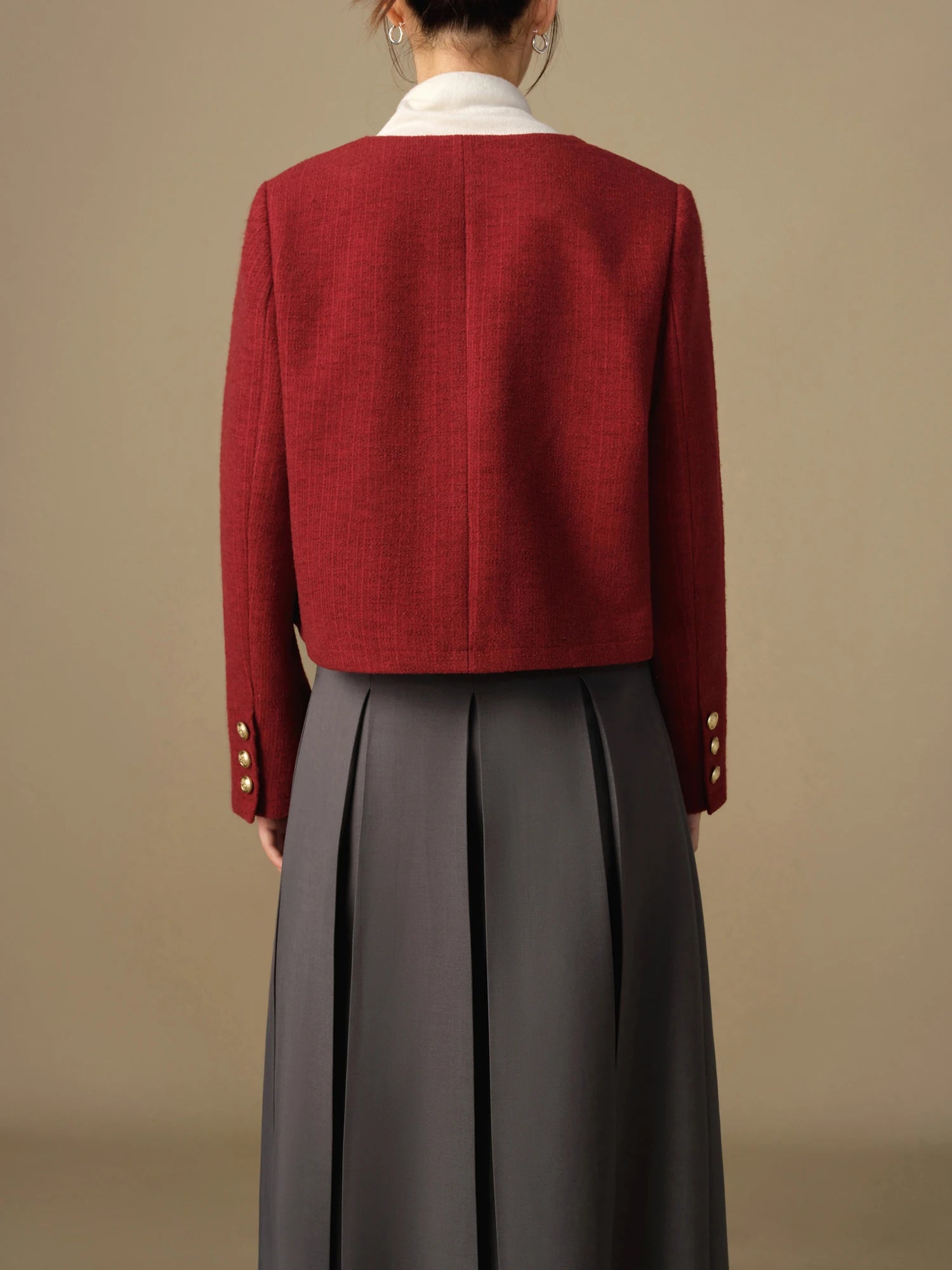 Women Red Tweed Jackets Round Neck Single Breasted Winter New Navy Blue Female Winter Thicken Tweed Coats 24DS84286