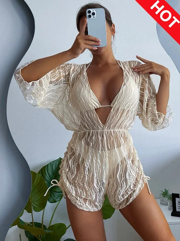 2025 3PCS Lace Hollow Out Bikini For Women Sexy Swimwear Female Pleated Cover Up Swimsuit Beach Wear New Brazilian Bathing Suit