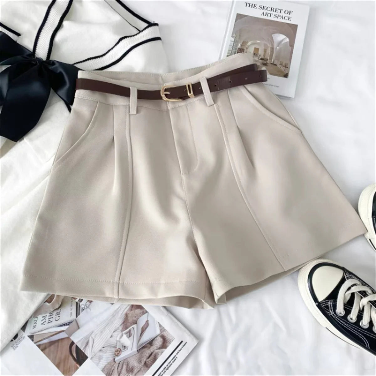 High Waist Short Pant For Women Spring Summer Solid A Line Pants Female Vintage Casual Street Shorts Korean Office Lady Trousers