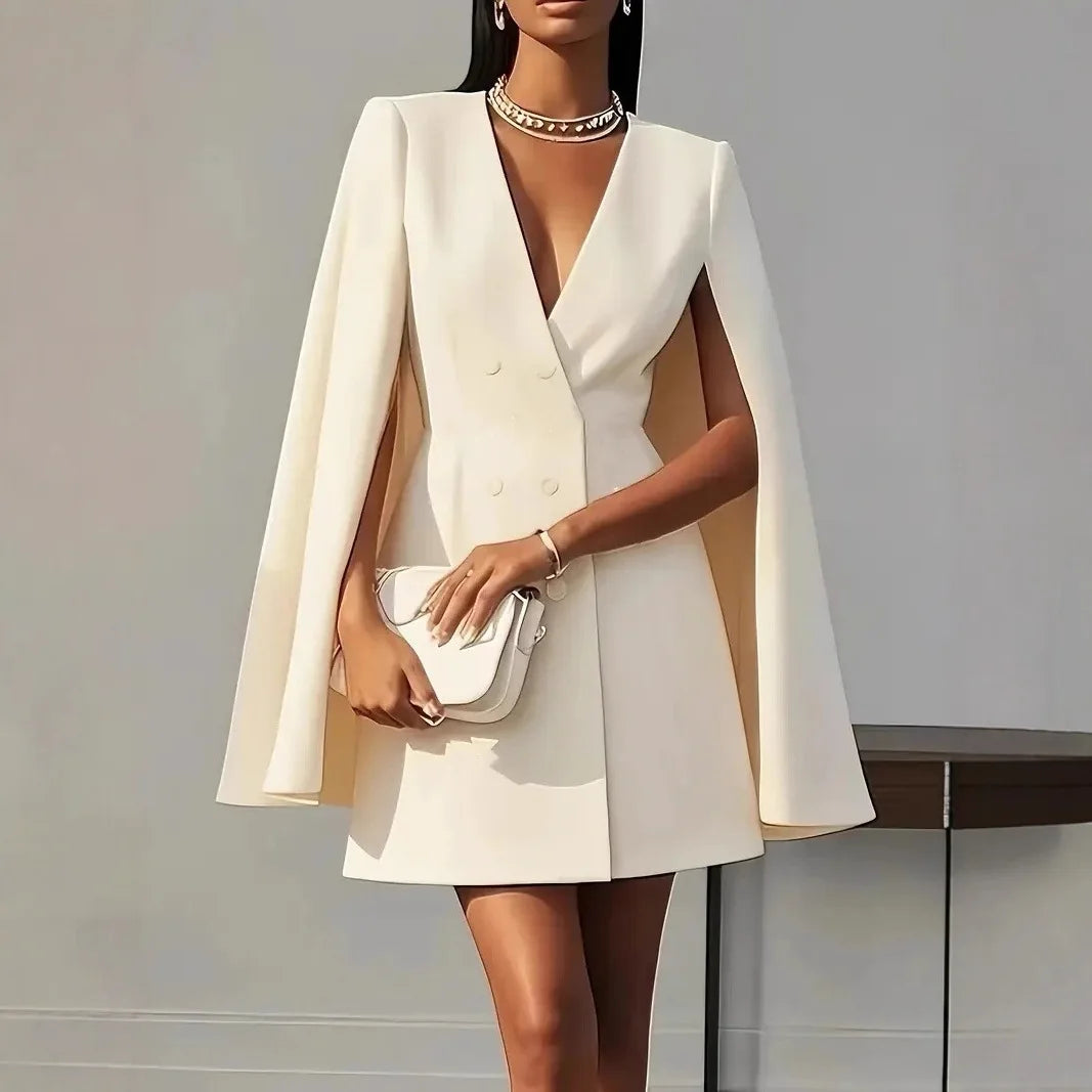 2025 Women Fashion Commuter Solid Blazers Dress Office Double Breasted Waist Party Dress Elegant V-neck Shawl Cape Sleeve Dress