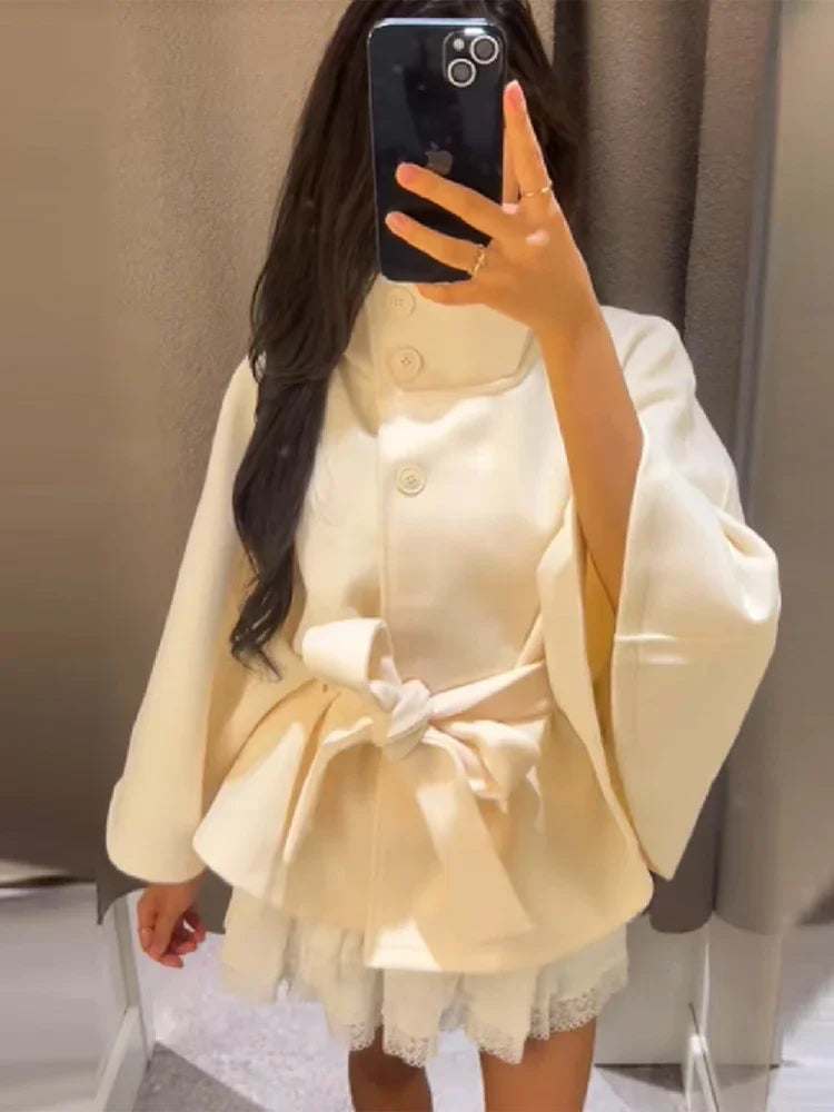 Woman Elegant Vintage Cape Coat Loose Stand Neck Belt Single Breasted Female Streetwear 2025 Autumn Winter Casual Lady Outwear