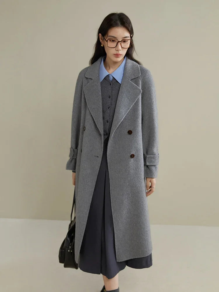 100% Wool Temperament Camel Color Women Long Double Breasted Woolen Coat Raglan Sleeve Belt Design Female Wool Jackets