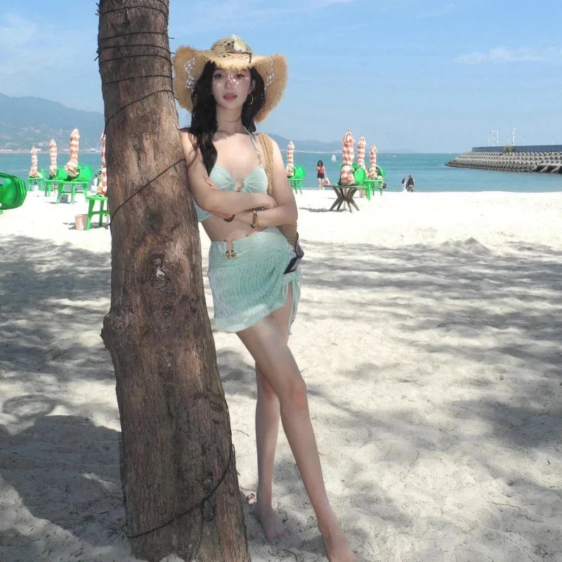Mint Green High Quality Sexy Summer Vacation Hot Spring Beach Bikini Three Piece Swimsuit Set Separate Design for Women