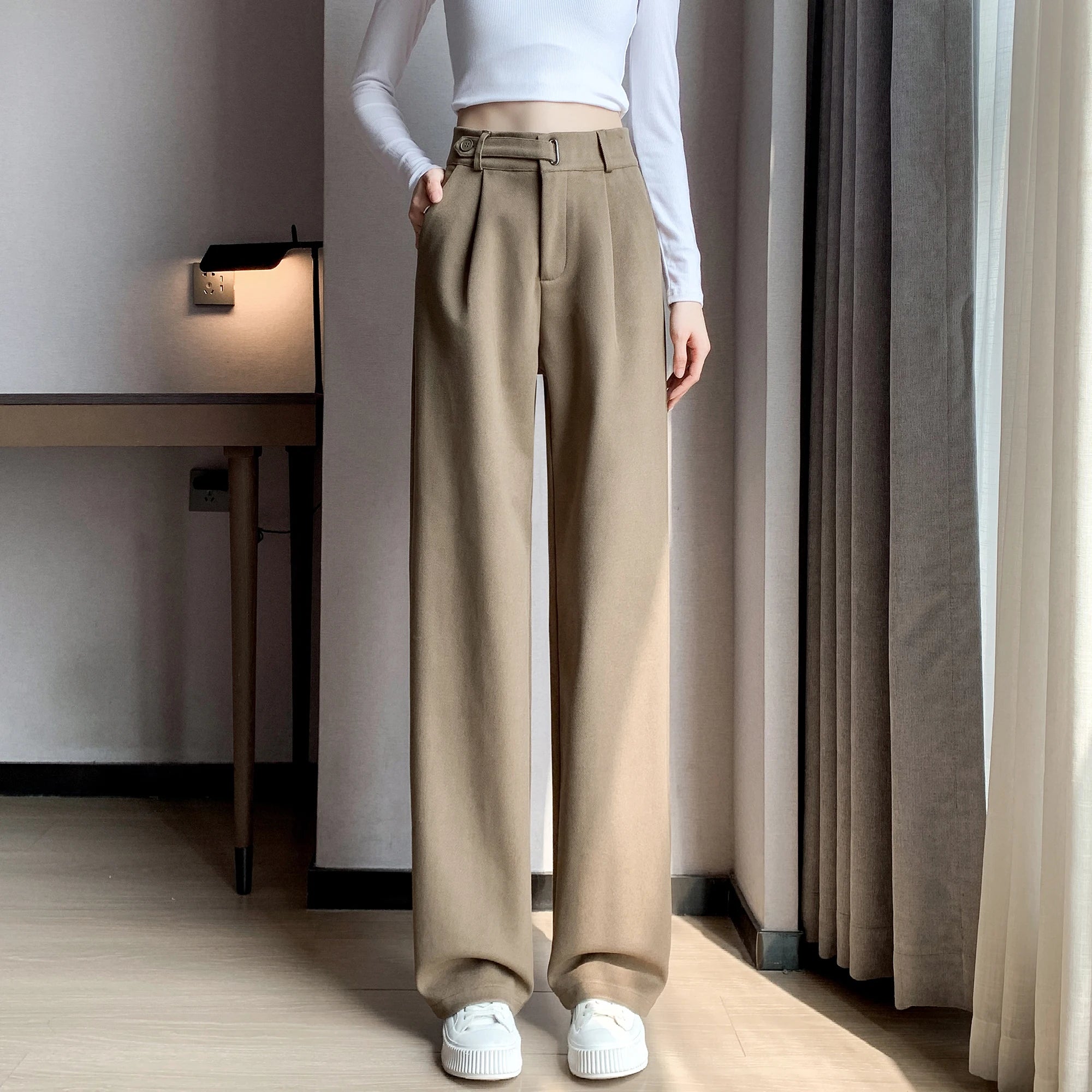 Seoulish Autumn Winter Thicken Woolen Casual Loose Full Length Pants 2025 New Button High Waist Chic Wide Leg Trousers Female