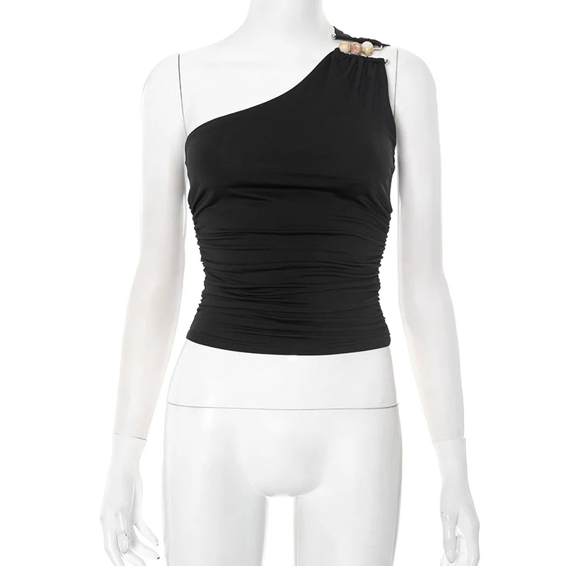CUTENOVA 2025 New Sexy One-Shoulder Bead Link Ruched Tank Top Street Slim Light Personality American Hottie Girls Sexy Tank Tops