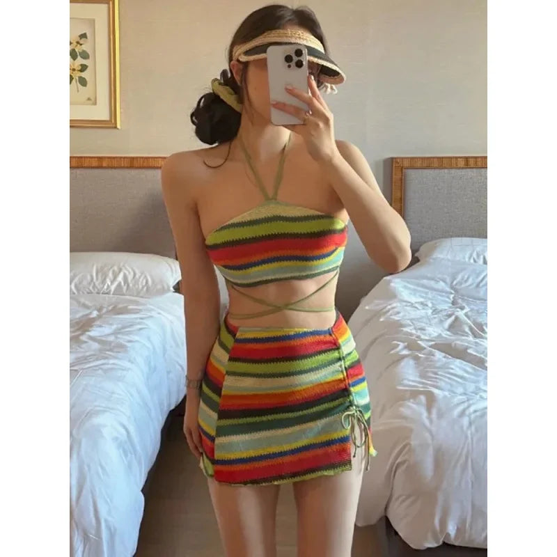 Sexy Knitted Three-piece Bikini Set Neck Hanging Striped Thermal Spring New Arrival Women's Swimsuit Three Colors Available