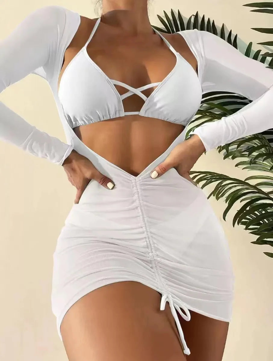2025 New 3 Pieces Set Swimsuit Women High Waist Swimwear Sexy Lace Up Micro Bikini Set With Skirt Solid Beachwear Bathing Suit