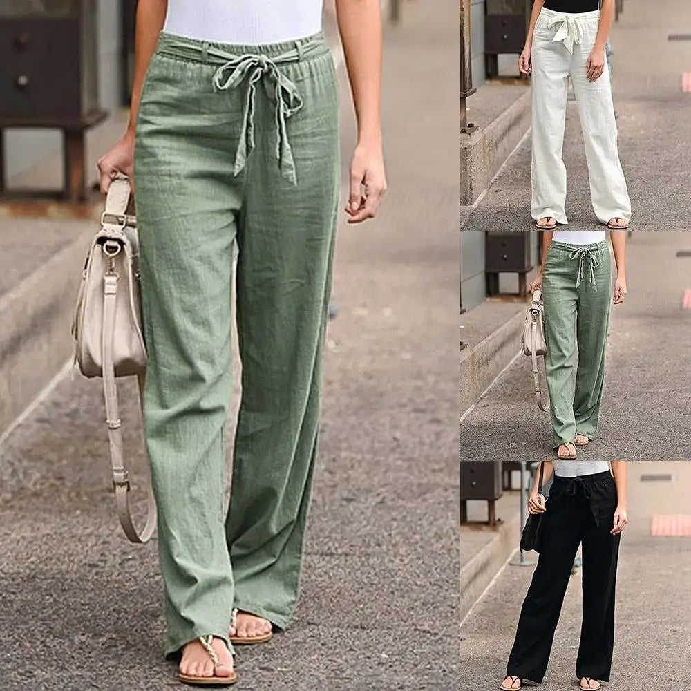 Women Cotton Linen Pants Solid Color Elastic Loose Drawstring Wide-Leg High Waist Trousers Female Stretch Straight Casual Pants