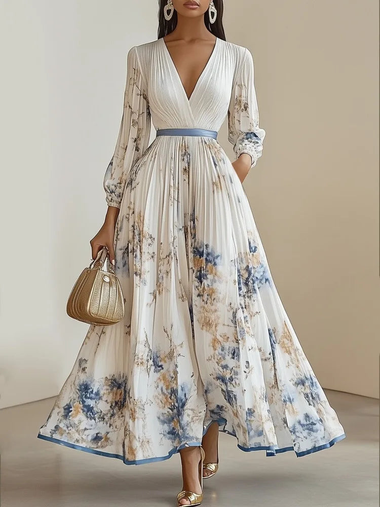 2025 Summer Long Sleeve Boho Maxi Long Dress Woman Elegant Floral Print A-Line Pleated Sexy Deep V Neck High Waist Dress Autumn
