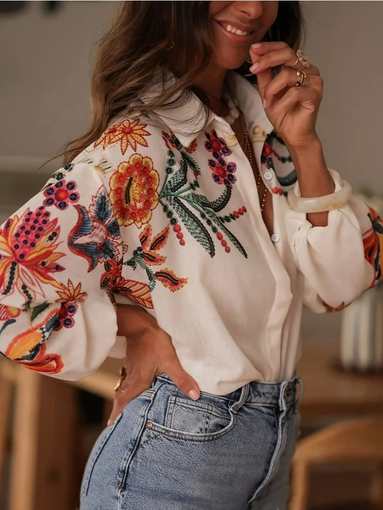 Women's 2025 Autumn Fashion Loose Long-sleeved Digital Printed Shirt Top Streetwear Spring New Female Lapel Button Shirts Bloues