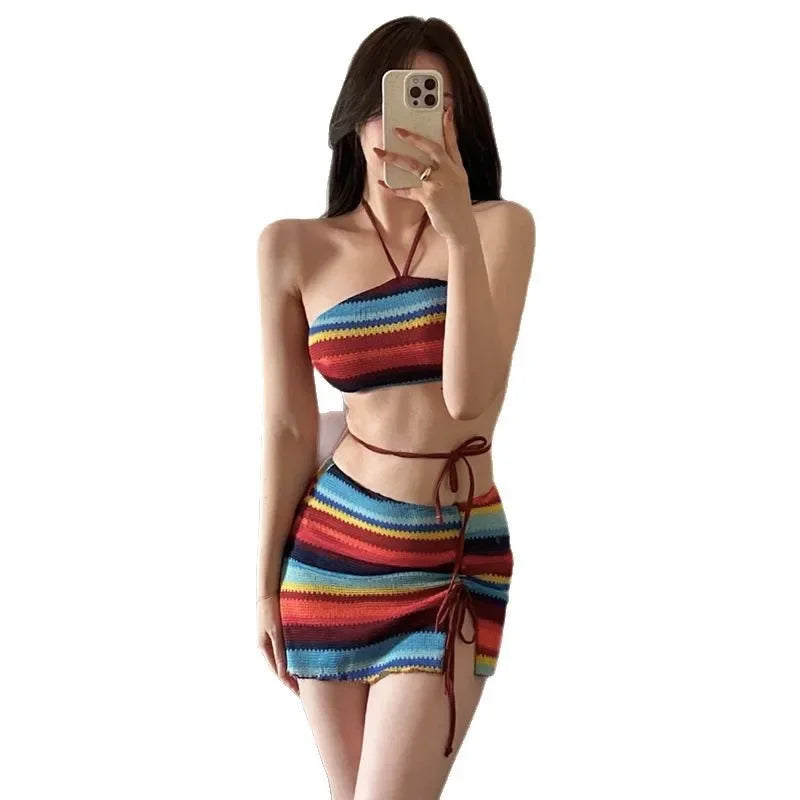 Sexy Knitted Three-piece Bikini Set Neck Hanging Striped Thermal Spring New Arrival Women's Swimsuit Three Colors Available