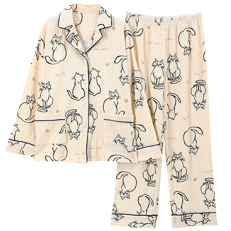 Pajamas Women's Spring and Fall Cotton Homewear Suit Girls Large Size Thin Section of the Fall and Winter Pajamas Homewear Suit